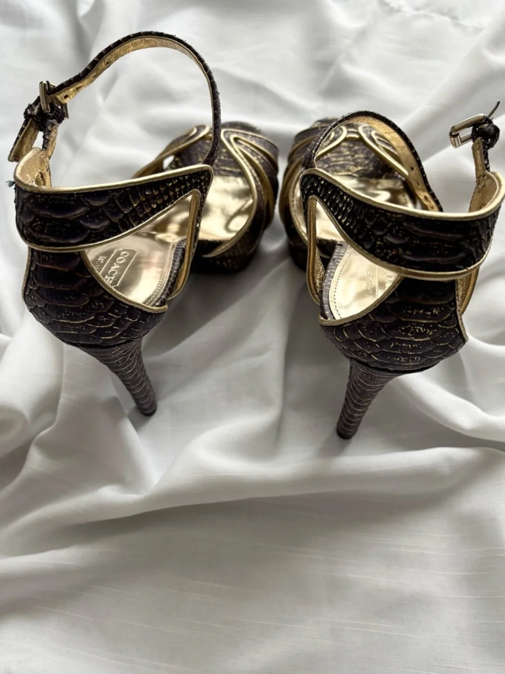 COACH Gold and Brown Embellished Women's Ankle-Strap Heels
